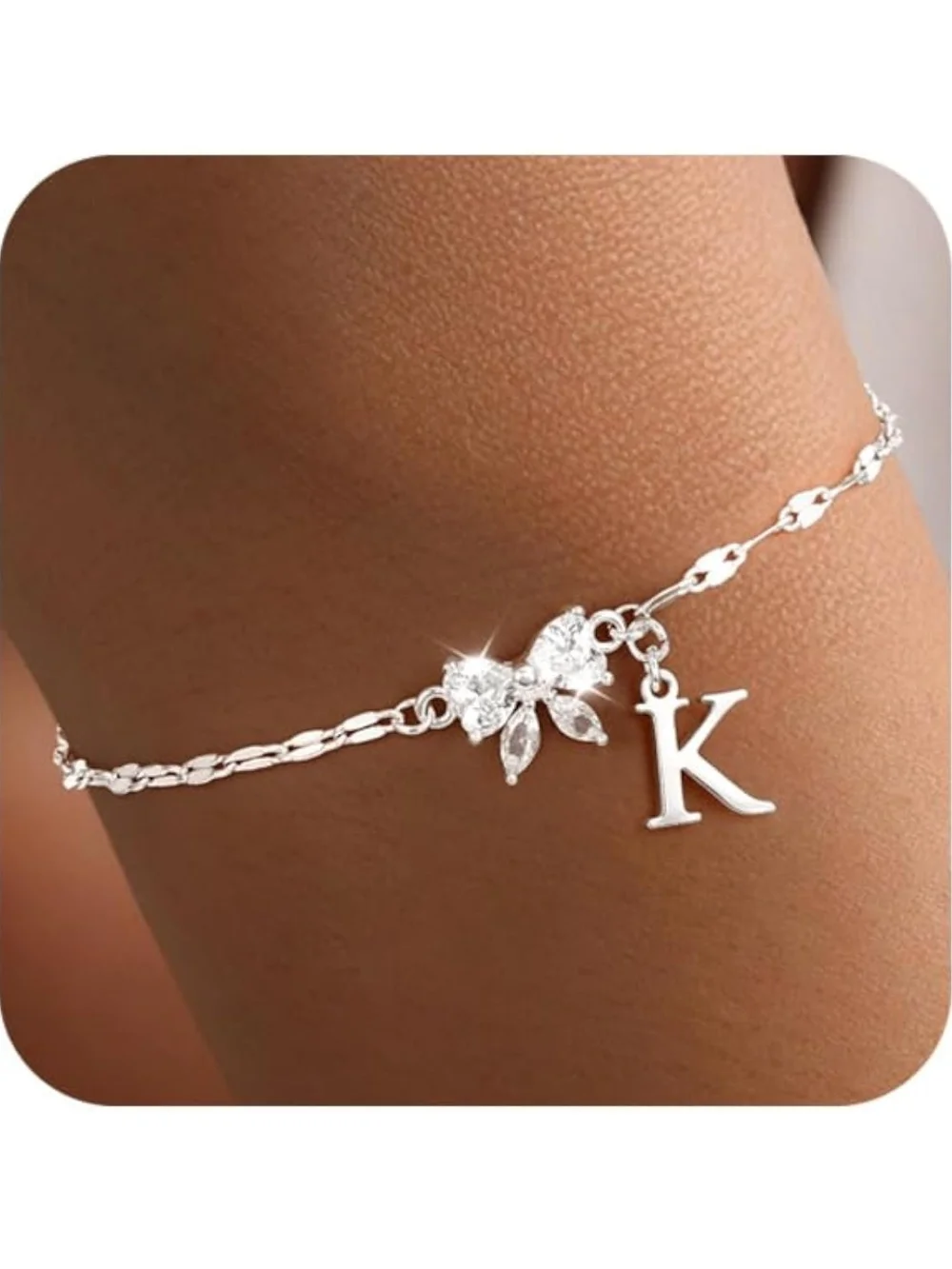 Initial Silver Anklet with Crystal Flower Charm MANY LETTERS AVAILABLE